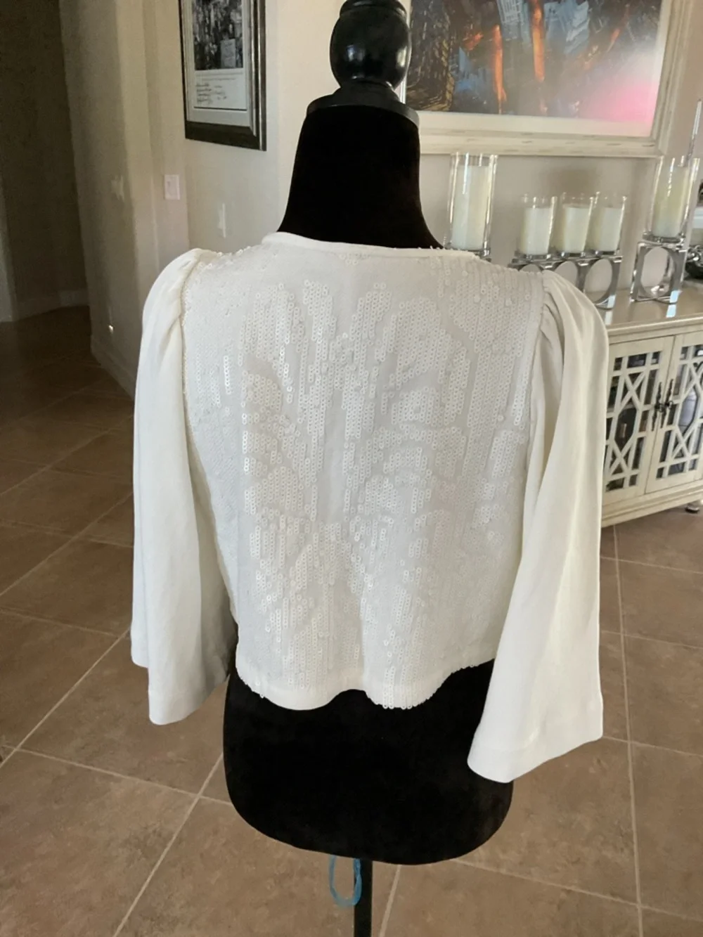 Anthropologie sequin top, front tie, white, size small